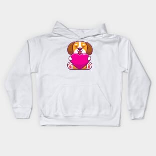 Cute dog sitting and holding heart Kids Hoodie